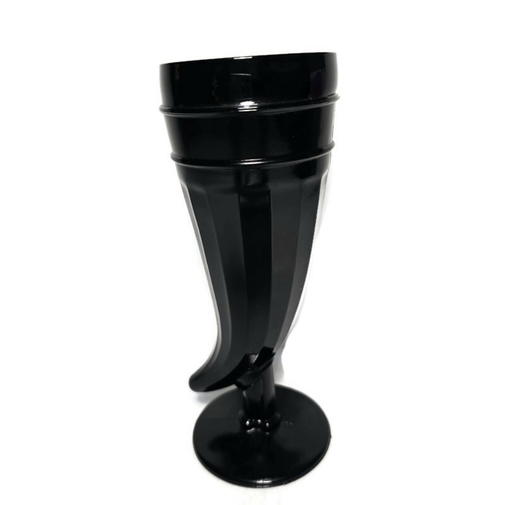 Tiara Powder Horn Shaped Black Glass Pilsner Goblet, Indiana Glass Vintage Goth